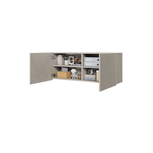Gray storage cabinet with open door on a transparent background