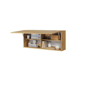 Wooden wall-mounted shelf with various items on a transparent background