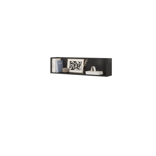 Black wall shelf with decorative items on a transparent background