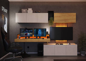 Modern home entertainment system with multiple screens and a gaming chair.