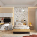Modern bedroom with a bed, desk, and wardrobe.