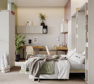 Modern bedroom with bed, desk, and shelves.