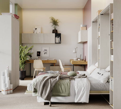 Modern bedroom with bed, desk, and shelves.