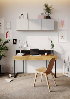 Modern home office with a wooden desk, chair, and decorative elements.