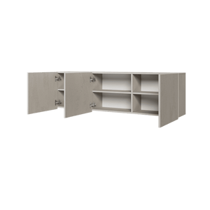 Gray L-shaped office desk with shelves on a transparent background