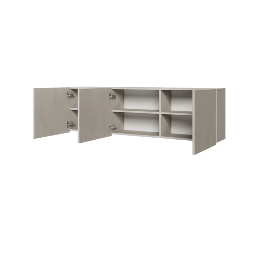 Gray L-shaped office desk with shelves on a transparent background