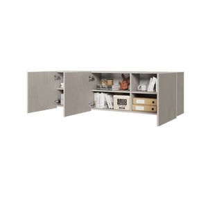 Gray storage unit with open doors on a transparent background
