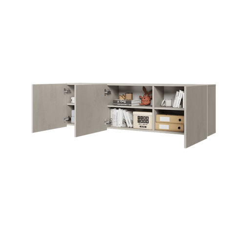 Gray storage unit with open doors on a transparent background