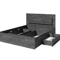 Dark wood bed frame with storage drawers on a white background