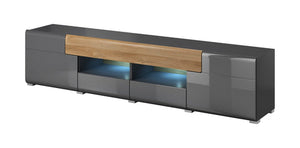 Modern TV stand with gray and wooden design on a white background