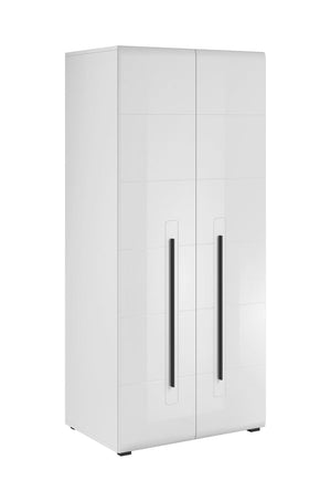 White wardrobe with black handles on a white background