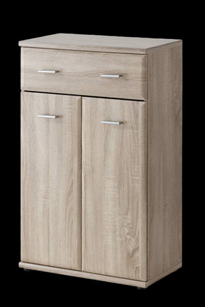 Wooden cabinet with two doors and a drawer on a white background