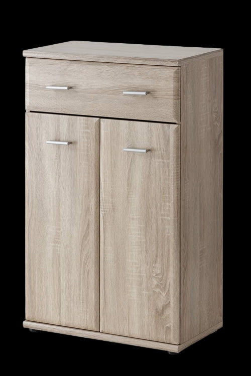 Wooden cabinet with two doors and a drawer on a white background