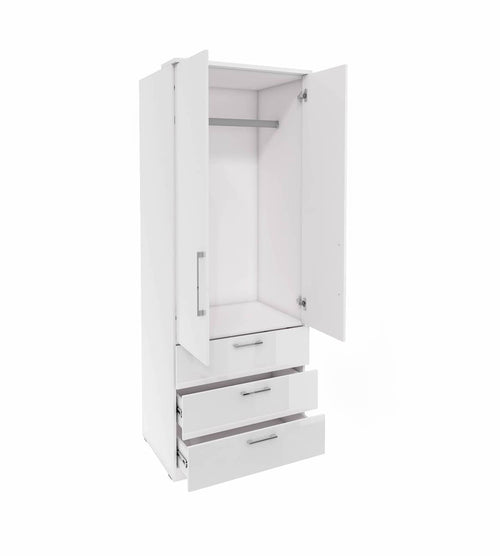 White wardrobe with open doors on a white background