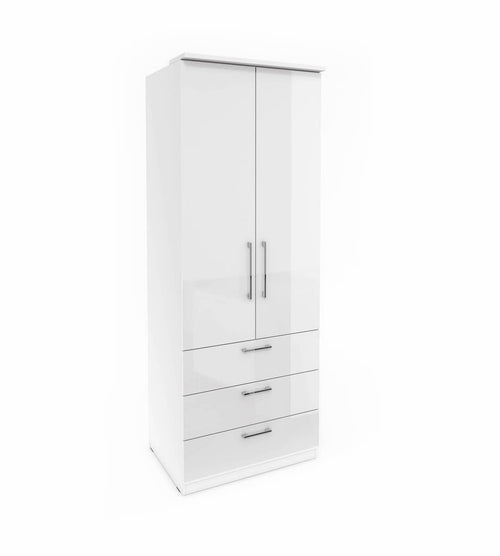 White wardrobe with two doors and three drawers on a white background
