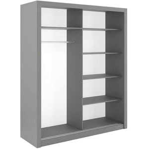 Gray wardrobe with shelves and a mirror on a white background