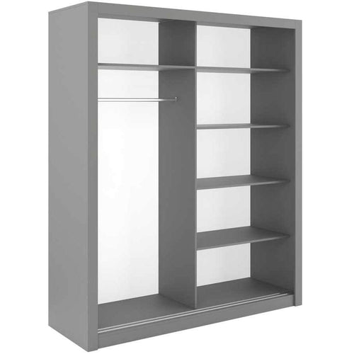 Gray wardrobe with shelves and a mirror on a white background