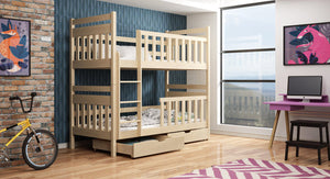 Bunk bed in a room with a bicycle, desk, and artworks on the wall.