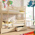 Wooden bunk bed with drawers in a child's room with colorful decor.