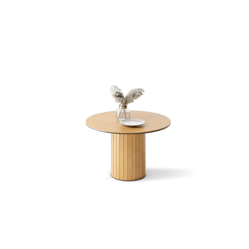 Wooden side table with a round top and cylindrical base on a white background