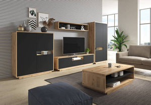Modern living room with wooden entertainment center, TV, and sofa.