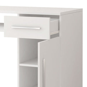 White corner cabinet with open door on a white background
