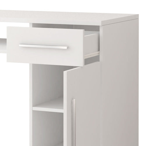 White corner cabinet with open door on a white background