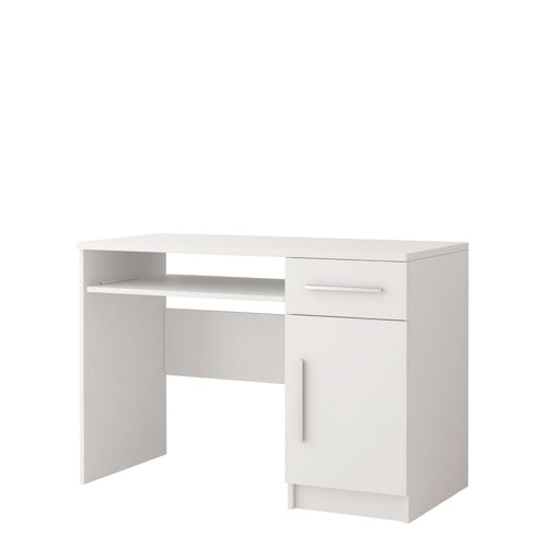 White desk with a shelf and cabinet on a white background