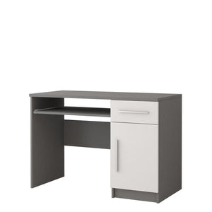 Gray and white office desk with a shelf on a white background