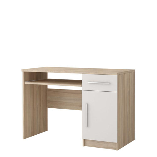 Wooden desk with a white cabinet on a white background