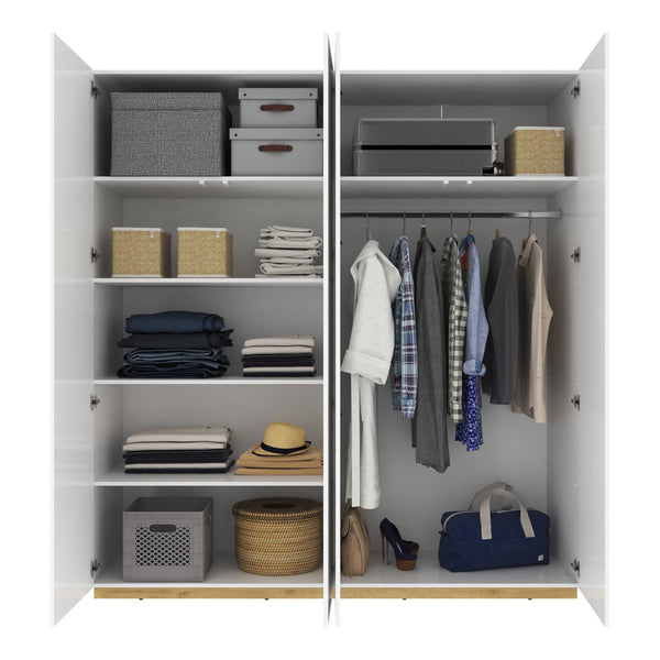 White wardrobe with clothes and storage items on shelves and hangers.