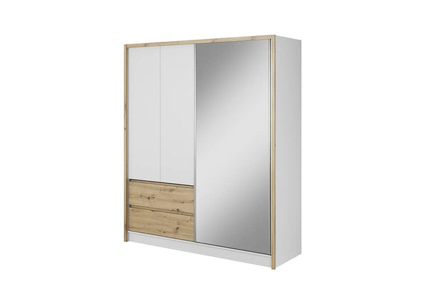 Wooden wardrobe with mirror and drawers on a white background
