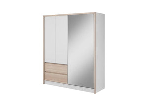 Wardrobe with mirror and wooden panels on a white background
