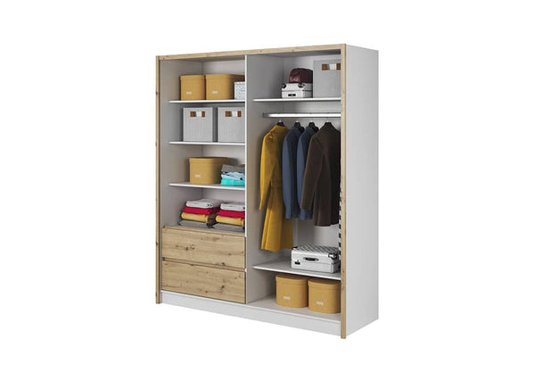 Clothing storage unit with shelves, drawers, and clothes on a white background