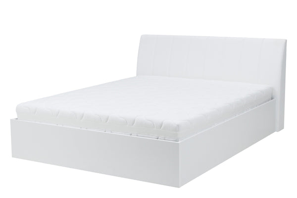 White bed frame with mattress on a white background