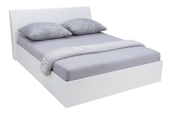 White bed with gray bedding and pillows on a white background