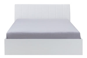 White bed frame with mattress on a white background