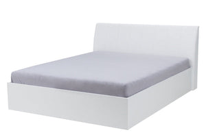 White bed frame with a gray mattress on a white background
