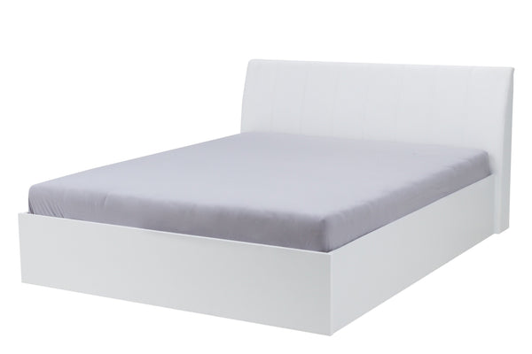 White bed frame with a gray mattress on a white background