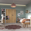 Modern bedroom with wooden furniture, bed, and decor