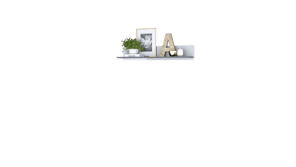 Decorative shelf with a plant, photo frame, and letter 'A' on a green background
