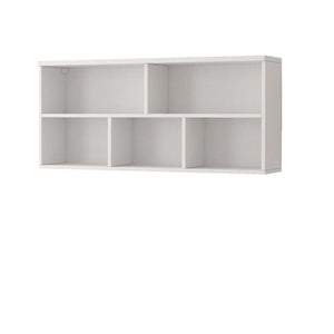 White wall-mounted shelf with six compartments on a white background