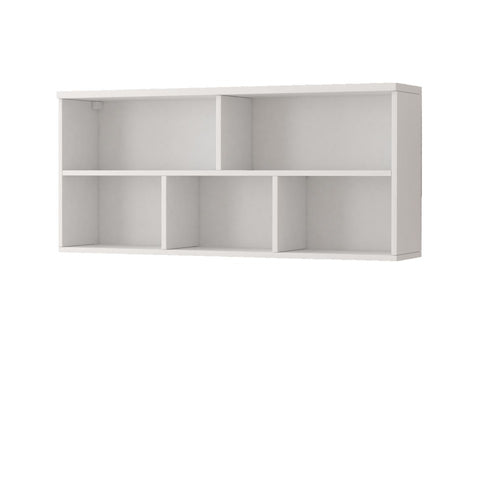 White wall-mounted shelf with six compartments on a white background