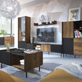 Modern living room with wooden entertainment center, TV, and decor