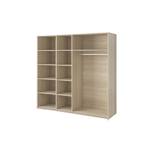 Wooden wardrobe with shelves on a white background