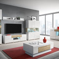 Modern living room with white and gray furniture, including a TV stand and sofa.