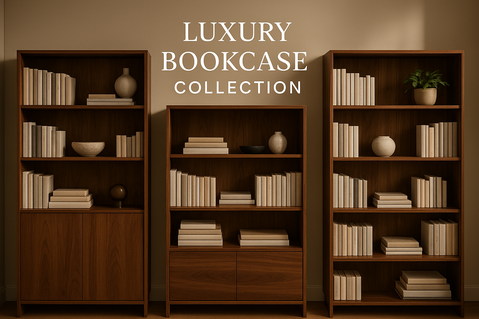 Stylish modern wooden bookcases with shelves for home and office storage