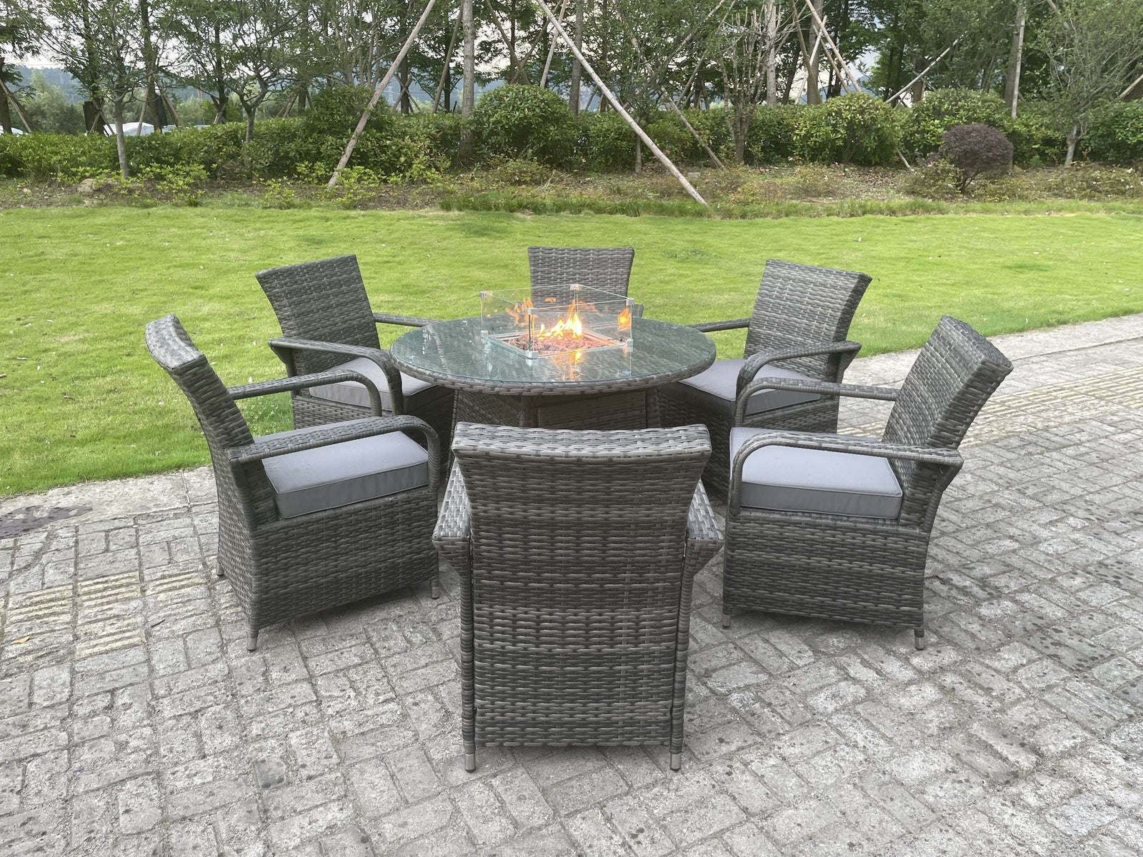 Rattan Garden Furniture Gas Fire Pit Round Dining Table Gas Heater And Dining Chairs 4 Seater