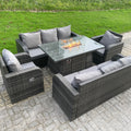 Rattan Outdoor Furniture Gas Fire Pit Rectangle Dining Table Gas Heater Adjustable Reclining Chair 3 Seater Sofa Sets 8 Seater