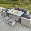 Light Grey Rattan Garden Furniture Set Gas Fire Pit Dining Table Set Heater Burner Chairs With 2 PC Stools